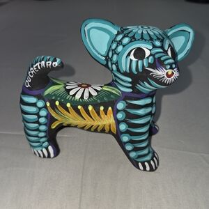 Colorful Hand Painted Mexican Folk Art Clay Chihuahua Figure. Day Of The Dead.CP